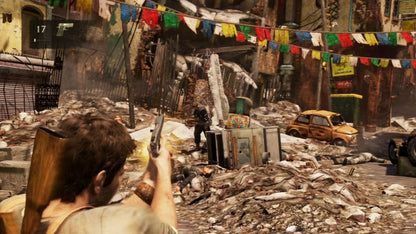 Uncharted 2 Among Thieves Game of the Year Greatest Hits for PlayStation 3, gameplay for an action-adventure third-person shooter video game with cinematic storytelling, treasure hunting, platforming, and blockbuster combat gameplay