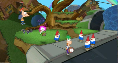 Phineas and Ferb Across the Second Dimension Wii inspired design featuring animated action adventure aesthetic dimensional travel storyline inventive gadgets colorful cartoon worlds cooperative gameplay Disney family friendly fun nostalgic Nintendo Wii presentation gameplay  