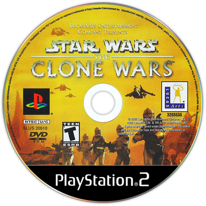Star Wars: The Clone Wars – PlayStation 2 (PS2) video game disc, action-adventure lightsaber combat.