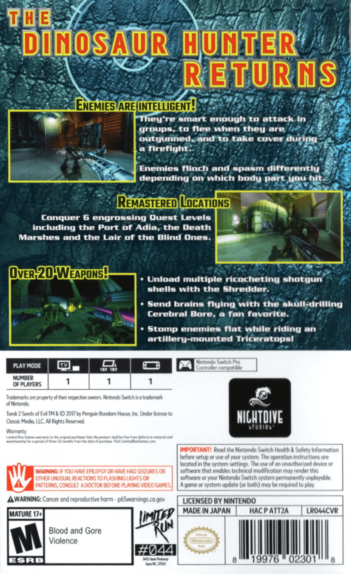 Turok 2: Seeds of Evil – Nintendo Switch (NS) back of box for video game for NS 