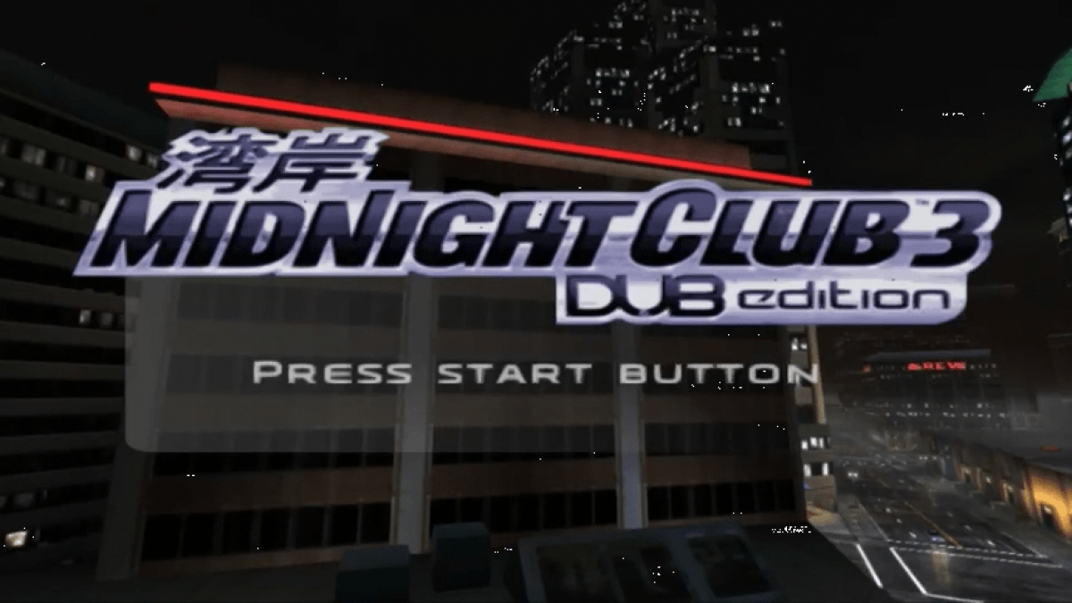 Midnight Club 3 DUB Edition for PlayStation Portable, title screen for an open-world racing video game with street racing gameplay, car customization, fast-paced driving, and urban environments