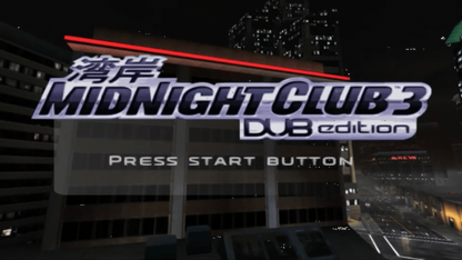 Midnight Club 3 DUB Edition for PlayStation Portable, title screen for an open-world racing video game with street racing gameplay, car customization, fast-paced driving, and urban environments