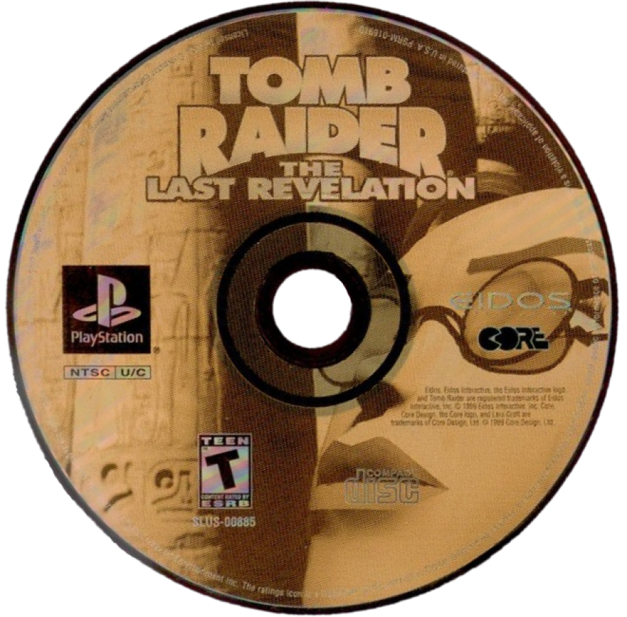 Tomb Raider The Last Revelation disc art PlayStation 1 (PS1) video game, action adventure, exploration and puzzle solving, classic Lara Croft title 