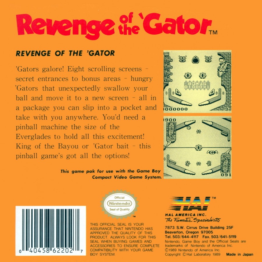 Revenge of the Gator for Game Boy, back of case for a pinball video game with arcade-style gameplay, multiple tables, score-based challenges, and classic handheld action