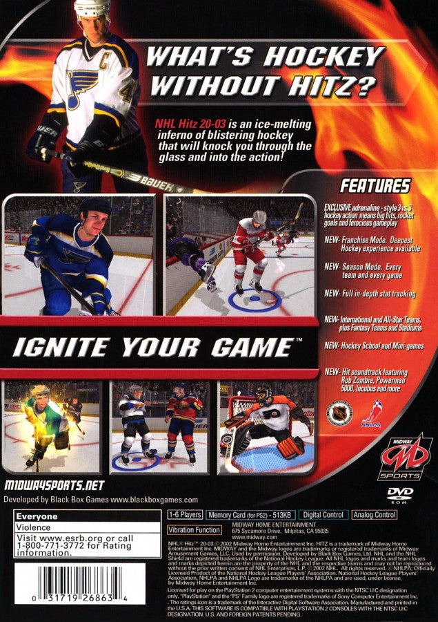 NHL Hitz 2003 – PlayStation 2 (PS2) video game back of case, arcade-style ice hockey sports game.