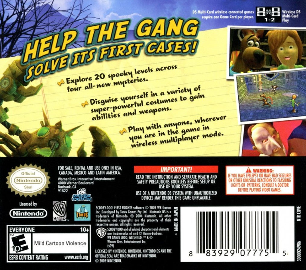 Scooby Doo First Frights retro Nintendo DS video game Scooby Doo mystery solving adventure cartoon action cooperative gameplay spooky monsters family friendly handheld console title Nintendo DS release back of case