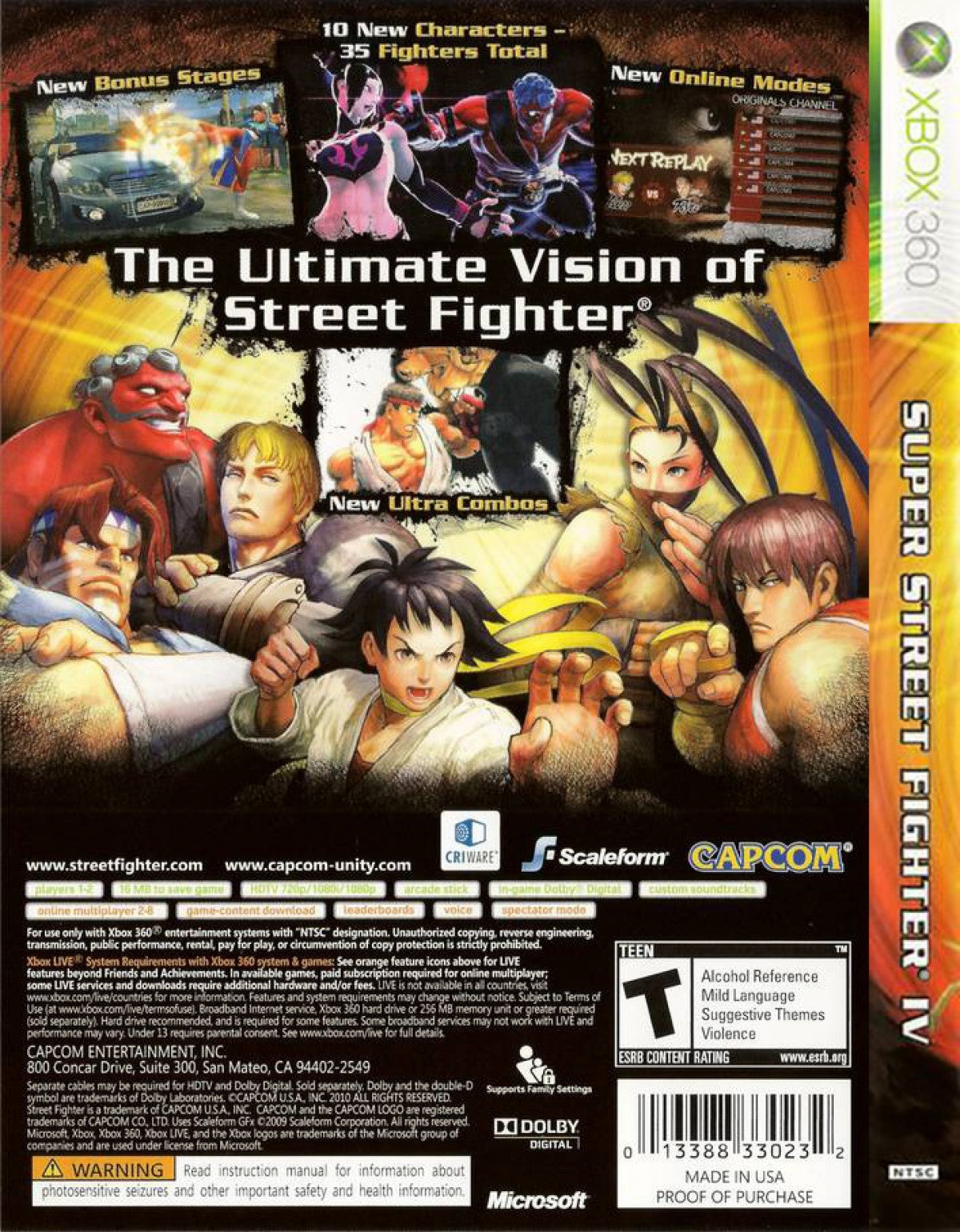 Super Street Fighter IV Xbox 360 for retro video game enthusiasts featuring classic arcade fighting gameplay iconic Street Fighter characters fast paced one on one battles combo based combat special moves competitive multiplayer action and collectible gaming appeal back cover art