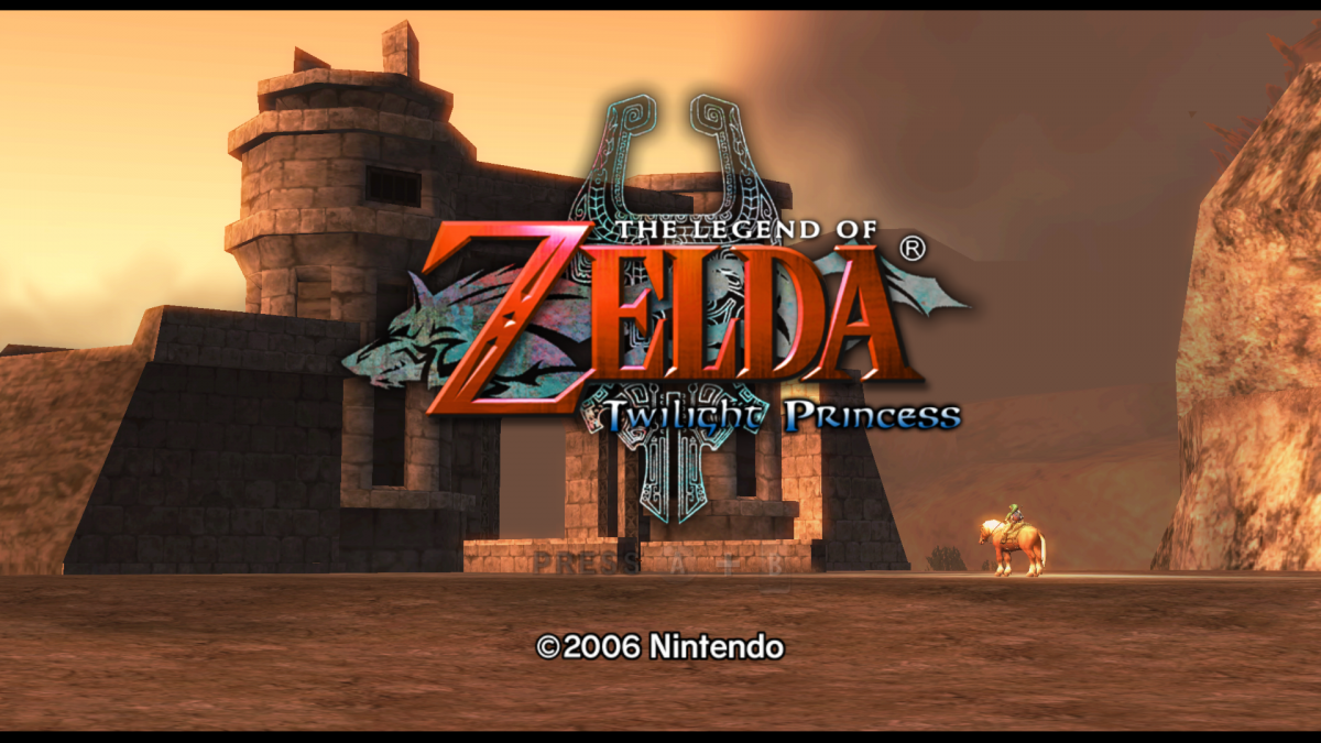 The Legend of Zelda: Twilight Princess title screen for Nintendo Wii (Wii) featuring epic action‑adventure gameplay with motion‑controlled sword combat, puzzle‑filled dungeons, and Link’s transformation into a wolf.