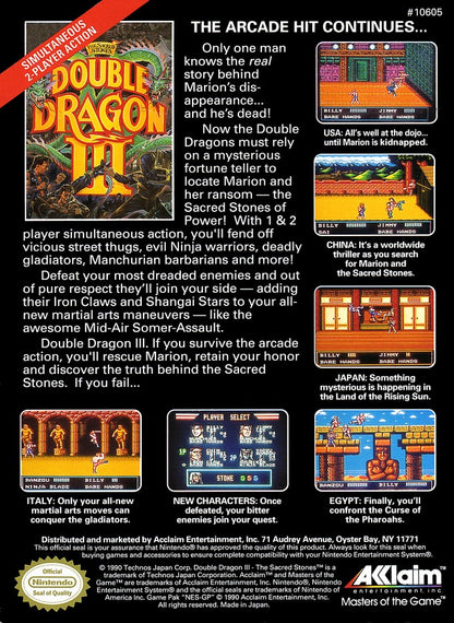 Double Dragon III The Sacred Stones NES Nintendo Entertainment System beat em up side scrolling brawler martial arts combat co op multiplayer arcade style Technos Japan retro 8 bit gaming cartridge video game title rear art 