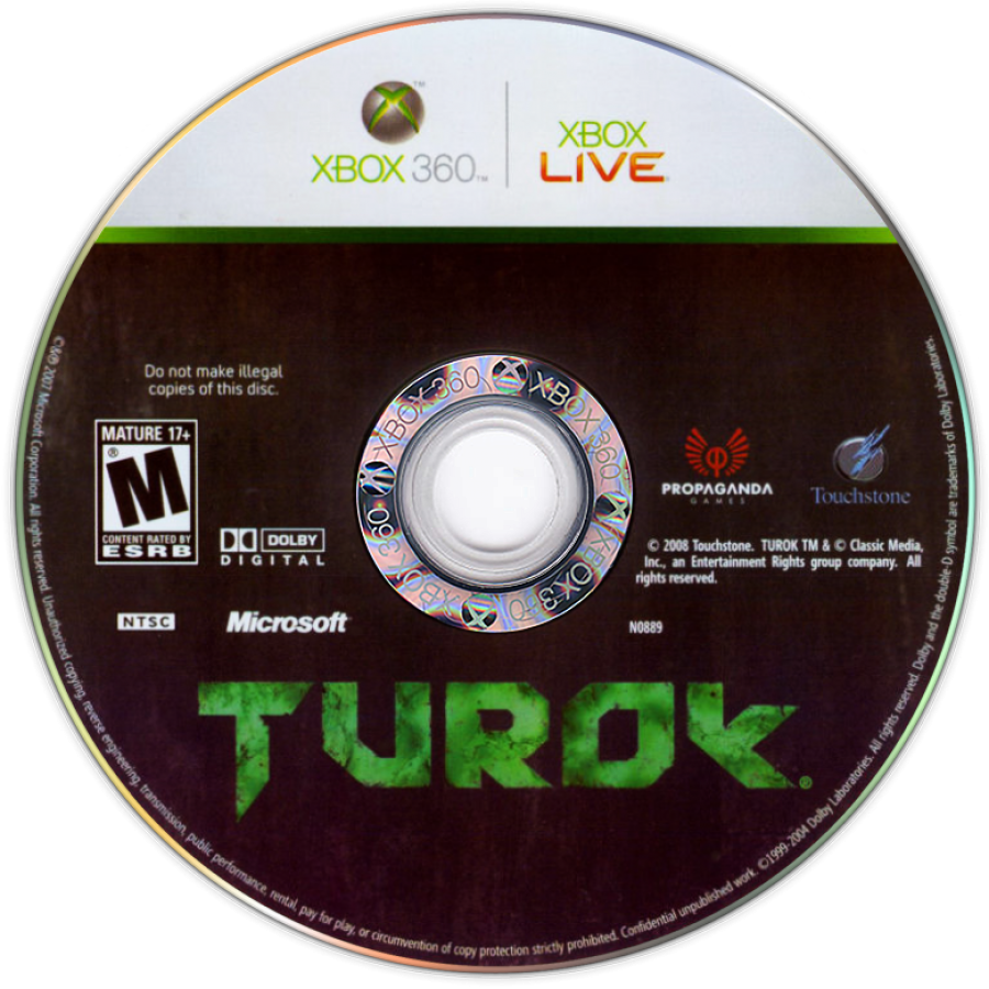 Turok for Xbox 360 first person shooter video game featuring brutal dinosaur combat jungle environments intense survival action and classic sci fi shooter franchise experience disc