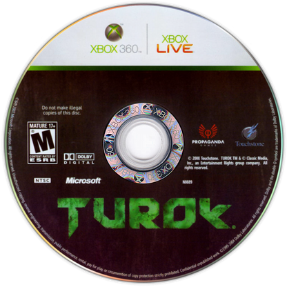 Turok for Xbox 360 first person shooter video game featuring brutal dinosaur combat jungle environments intense survival action and classic sci fi shooter franchise experience disc