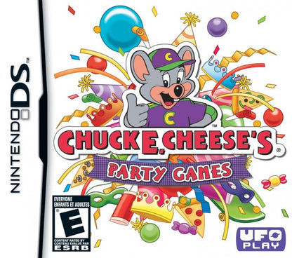 Chuck E Cheese’s Party Games for Nintendo DS, cover image for a party mini-game video game with arcade-style challenges, multiplayer gameplay, family-friendly activities, and casual fun