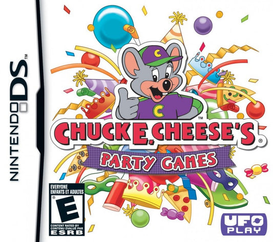 Chuck E Cheese’s Party Games for Nintendo DS, cover image for a party mini-game video game with arcade-style challenges, multiplayer gameplay, family-friendly activities, and casual fun