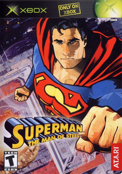 Superman Man of Steel Xbox action adventure video game featuring Superman flying through Metropolis battling supervillains and enemies using super strength heat vision and other powerful abilities fast-paced combat city exploration challenging missions and classic original Xbox gameplay collectible retro gaming appeal front cover art