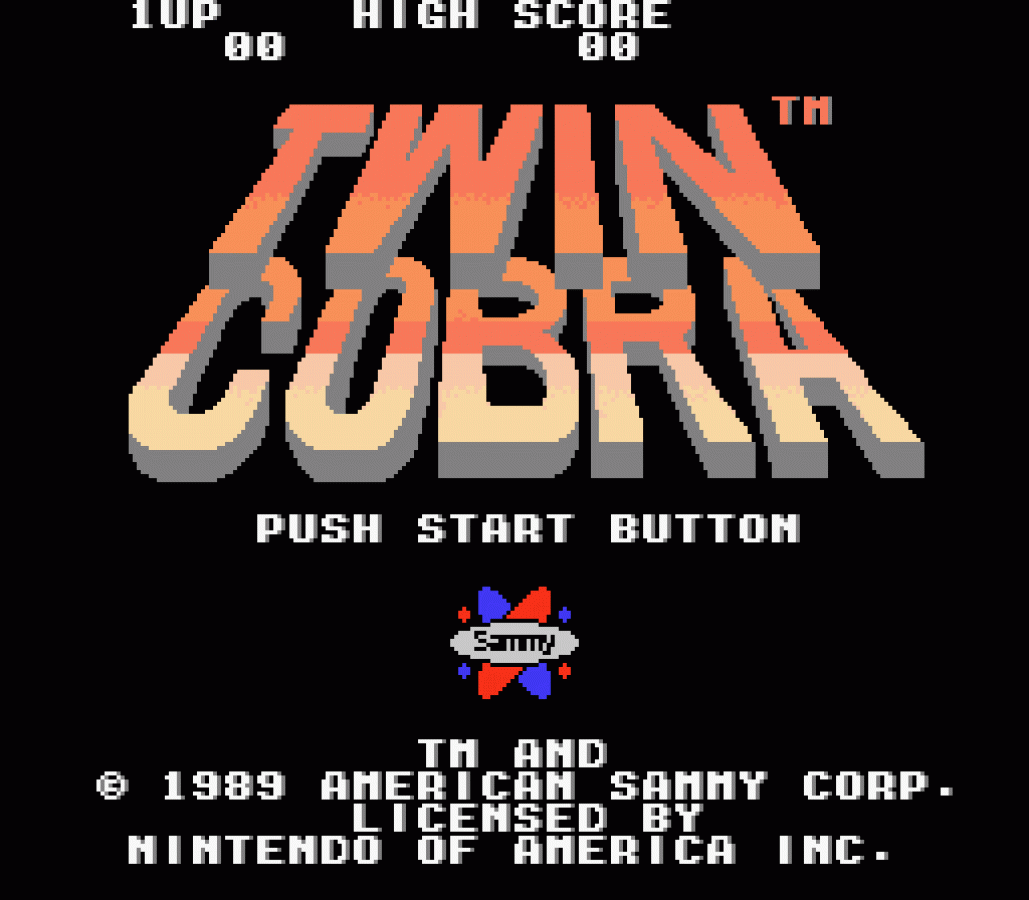 Twin Cobra cartridge for the Nintendo Entertainment System featuring 8 bit vertical scrolling shooter action with military helicopter combat intense enemy waves and arcade style gameplay