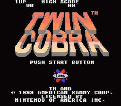 Twin Cobra cartridge for the Nintendo Entertainment System featuring 8 bit vertical scrolling shooter action with military helicopter combat intense enemy waves and arcade style gameplay