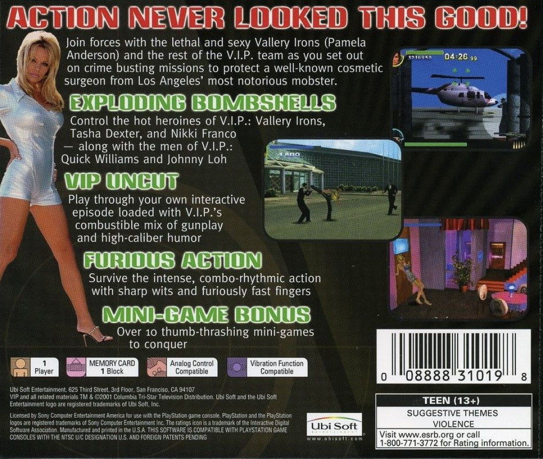V.I.P. for PlayStation 1 action adventure game based on the Pamela Anderson TV series featuring shooting missions stealth gameplay and spy themed story back cover 