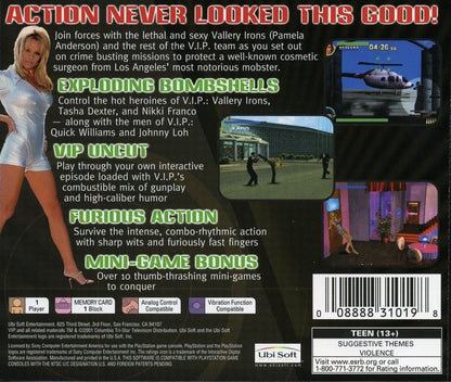V.I.P. for PlayStation 1 action adventure game based on the Pamela Anderson TV series featuring shooting missions stealth gameplay and spy themed story back cover 