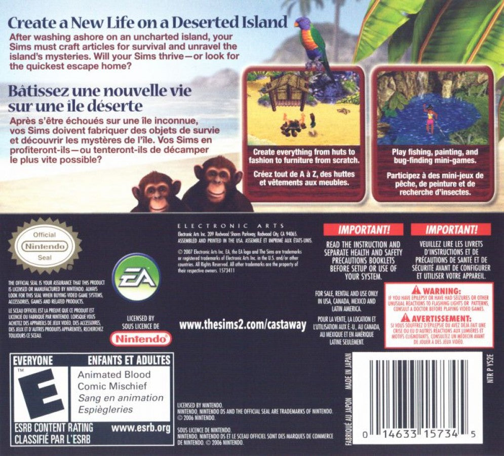 The Sims 2: Castaway back cover art for Nintendo DS (DS) video game