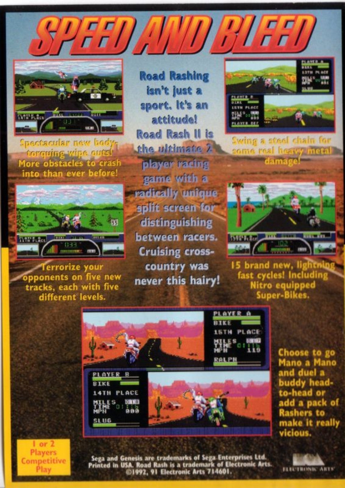 Road Rash II Sega Genesis game featuring high speed motorcycle racing, aggressive combat mechanics, and classic arcade style gameplay back  cover