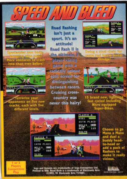 Road Rash II Sega Genesis game featuring high speed motorcycle racing, aggressive combat mechanics, and classic arcade style gameplay back  cover