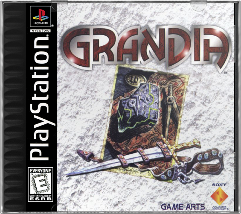 Grandia for PlayStation 1 classic JRPG featuring turn based battle system anime style story adventure exploration fantasy role playing gameplay front cover