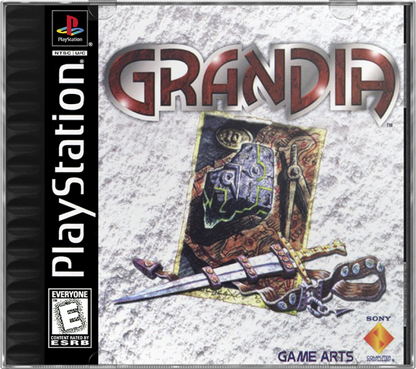 Grandia for PlayStation 1 classic JRPG featuring turn based battle system anime style story adventure exploration fantasy role playing gameplay front cover