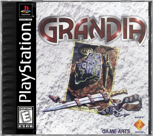 Grandia for PlayStation 1 classic JRPG featuring turn based battle system anime style story adventure exploration fantasy role playing gameplay front cover