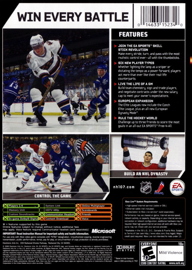 NHL 07 Xbox original Xbox hockey sports game EA Sports ice hockey simulation NHL teams players season mode franchise mode multiplayer gameplay realistic skating puck control classic sports title Xbox software video game title back art 