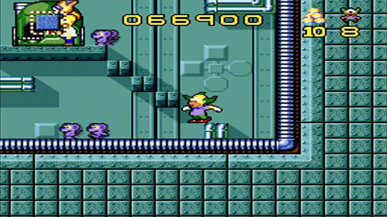 Krustys Super Fun House Super Nintendo Entertainment System SNES puzzle platformer video game Krusty the Clown The Simpsons license pest control maze building Acclaim cartoon license mice traps pie factory gameplay screenshot