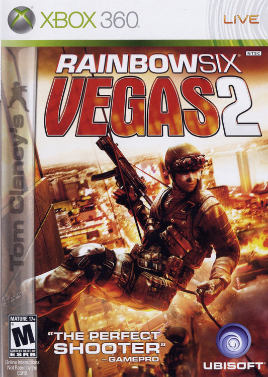 Tom Clancy’s Rainbow Six Vegas 2 Xbox 360 tactical first-person shooter video game featuring intense counter-terrorism missions cooperative multiplayer, deep squad-based tactics, robust single-player campaign, online play with map voting and ranking, destructible environments, and Ubisoft’s signature strategic team combat gameplay. cover