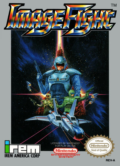 Image Fight Nintendo Entertainment System NES for retro video game enthusiasts featuring classic vertical scrolling shoot em up gameplay futuristic space combat strategic weapon upgrades challenging enemy formations intense arcade action and collectible gaming appeal cover art 