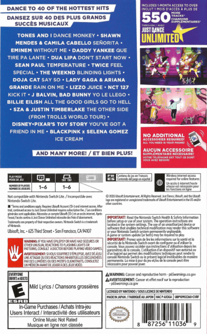 Just Dance 2021 back of box for Nintendo Switch NS video game