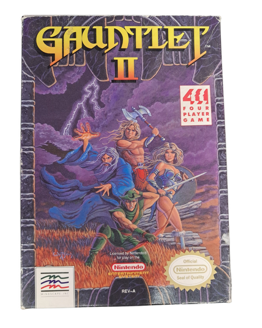Gauntlet II for Nintendo Entertainment System dungeon crawler action game featuring Warrior Valkyrie Wizard and Elf characters maze exploration monster battles and cooperative multiplayer gameplay front cover