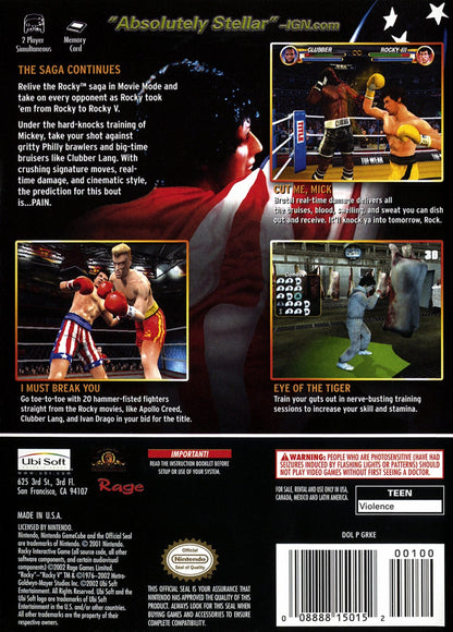 Back cover art for Rocky GameCube GC video game, boxing sports action, fight simulation, multiplayer, classic Nintendo GameCube title, movie tie-in