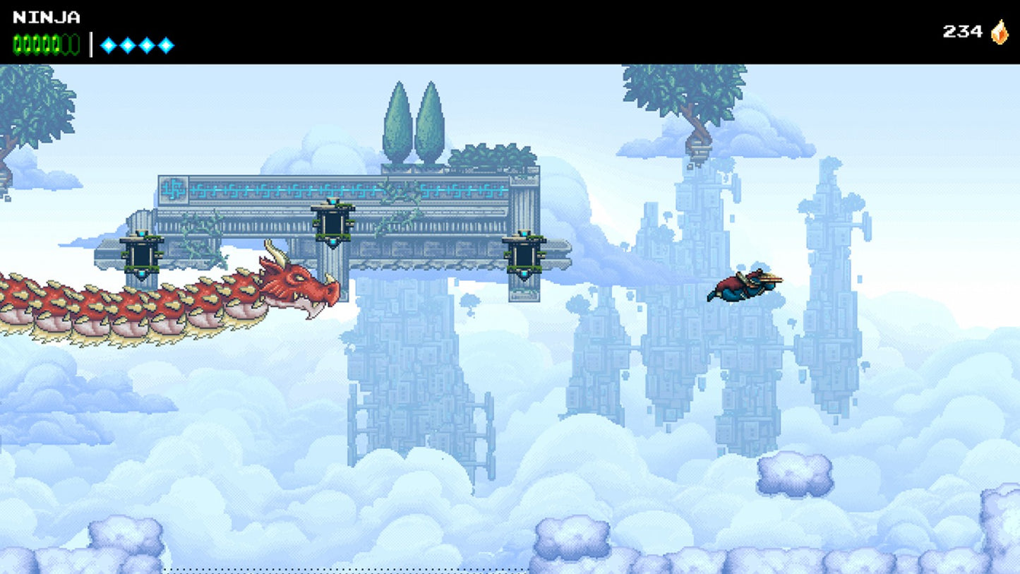 The Messenger Nintendo Switch inspired design featuring ninja action platform adventure aesthetic time traveling storyline pixel art visuals challenging combat acrobatic movement retro inspired gameplay interconnected world exploration presentation gameplay