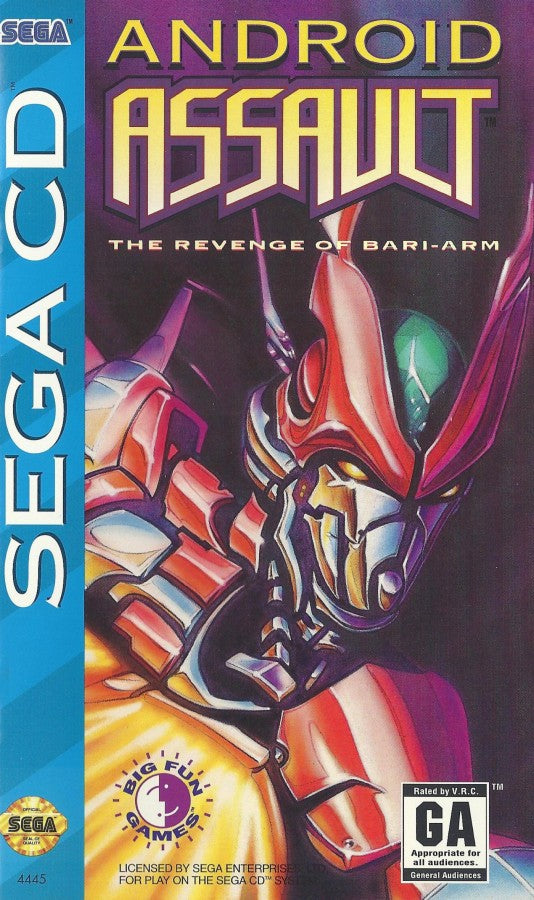 Android Assault Sega CD side scrolling shoot em up shmup anime style space combat mech shooter CD quality soundtrack fast paced arcade action Japanese style sci fi gameplay retro gaming Sega CD software video game title cover art