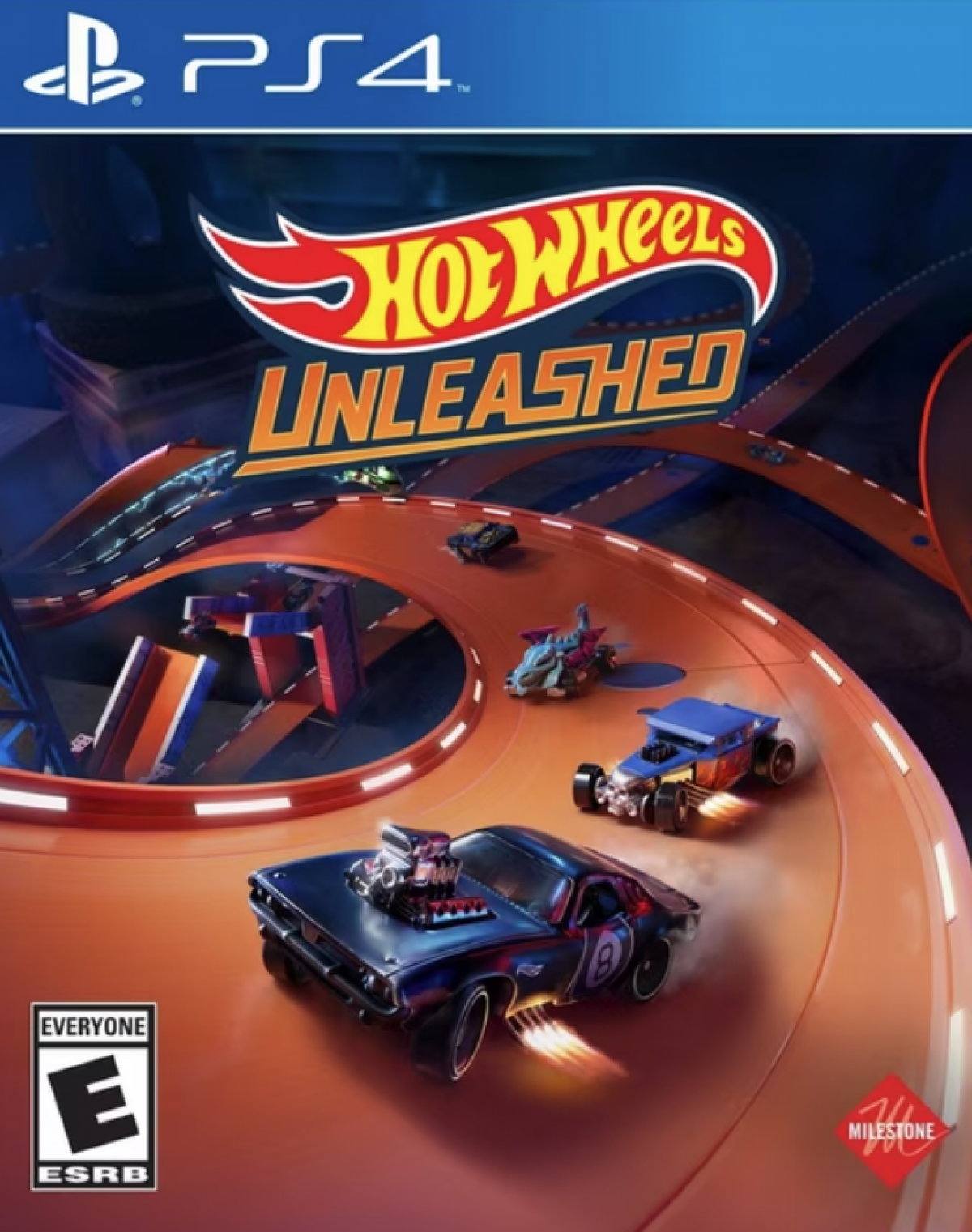 Hot Wheels Unleashed for PlayStation 4, cover image for an arcade racing video game with toy car racing, fast-paced tracks, stunt driving, and competitive multiplayer gameplay