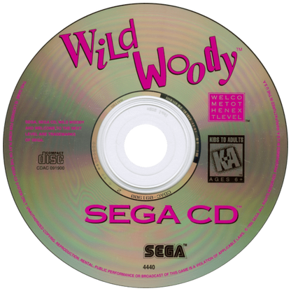 Wild Woody Sega CD platformer action game cartoon style gameplay animated pencil character side scrolling adventure Sega CD classic quirky retro platforming collectible Sega CD software video game title disc