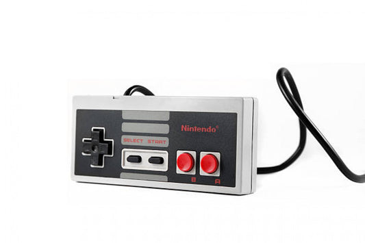 Top view of the Nintendo Entertainment System (NES) controller, showing D-pad, A and B buttons, Start and Select buttons, and classic rectangular design