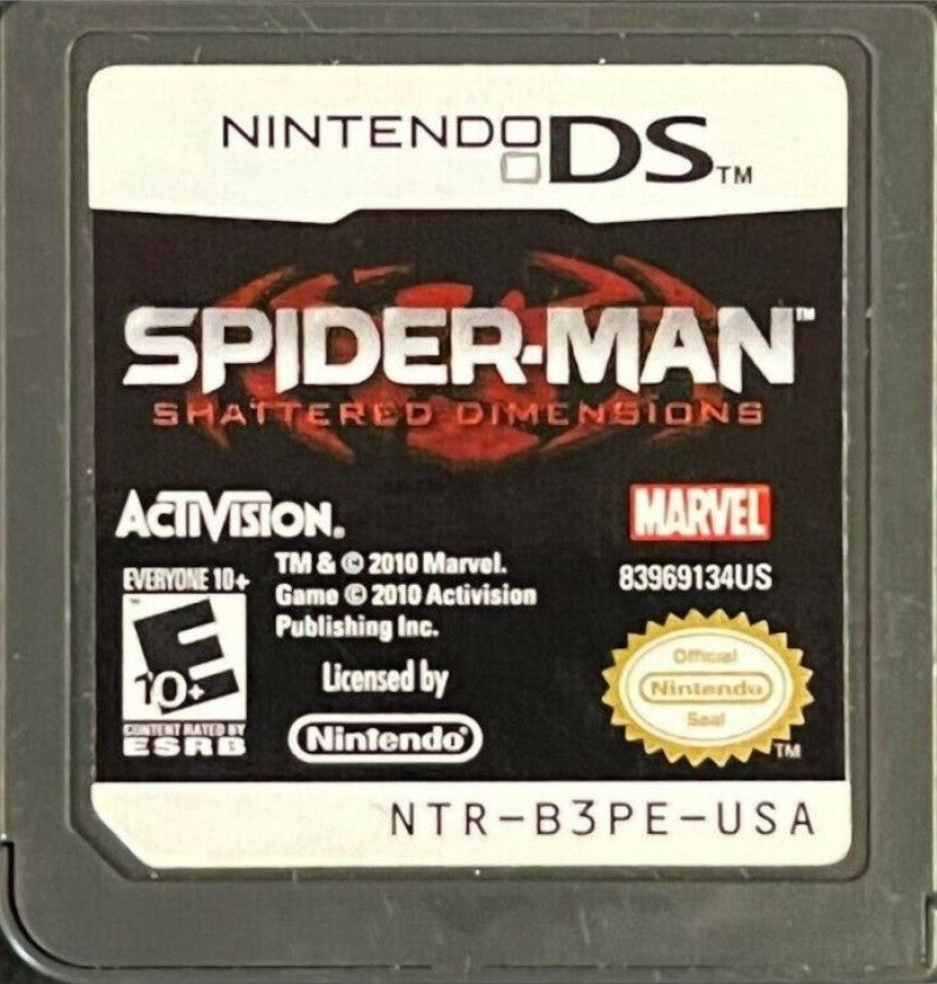 Spider-Man: Shattered Dimensions for Nintendo DS action adventure video game featuring multiple Spider-Man versions, web-swinging combat, villain battles, puzzle platforming, and stylus driven handheld gameplay experience cartridge