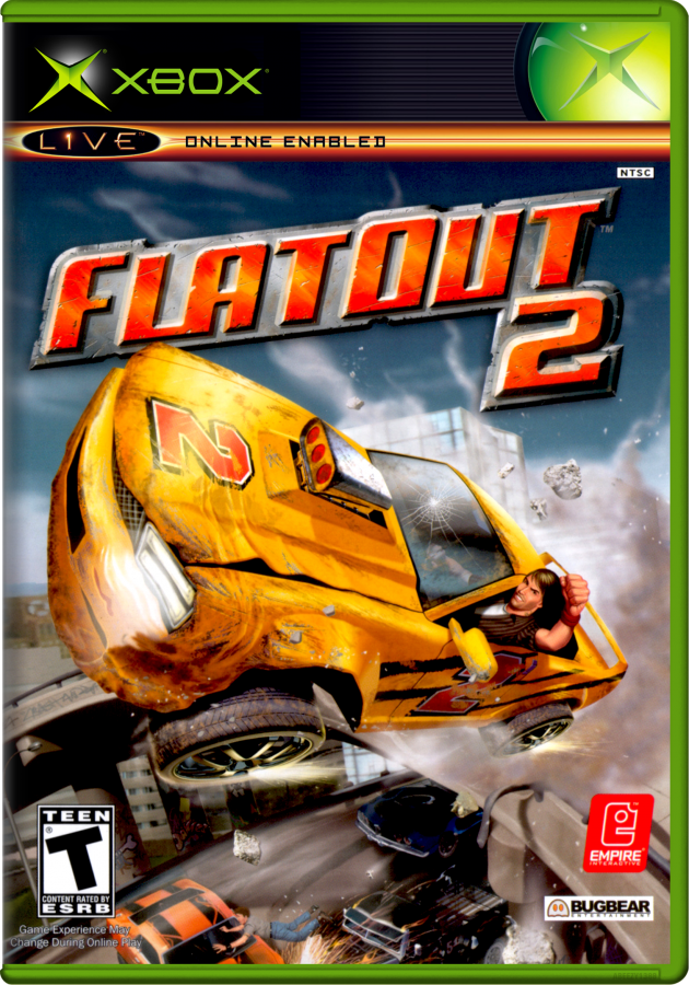 Game cover for 'Flatout 2' on Xbox with a yellow car and dramatic background.