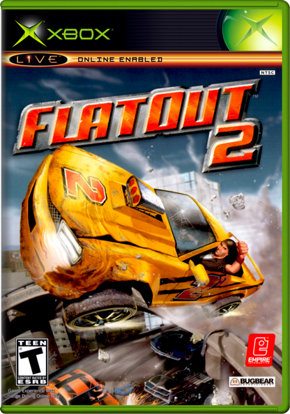 Game cover for 'Flatout 2' on Xbox with a yellow car and dramatic background.