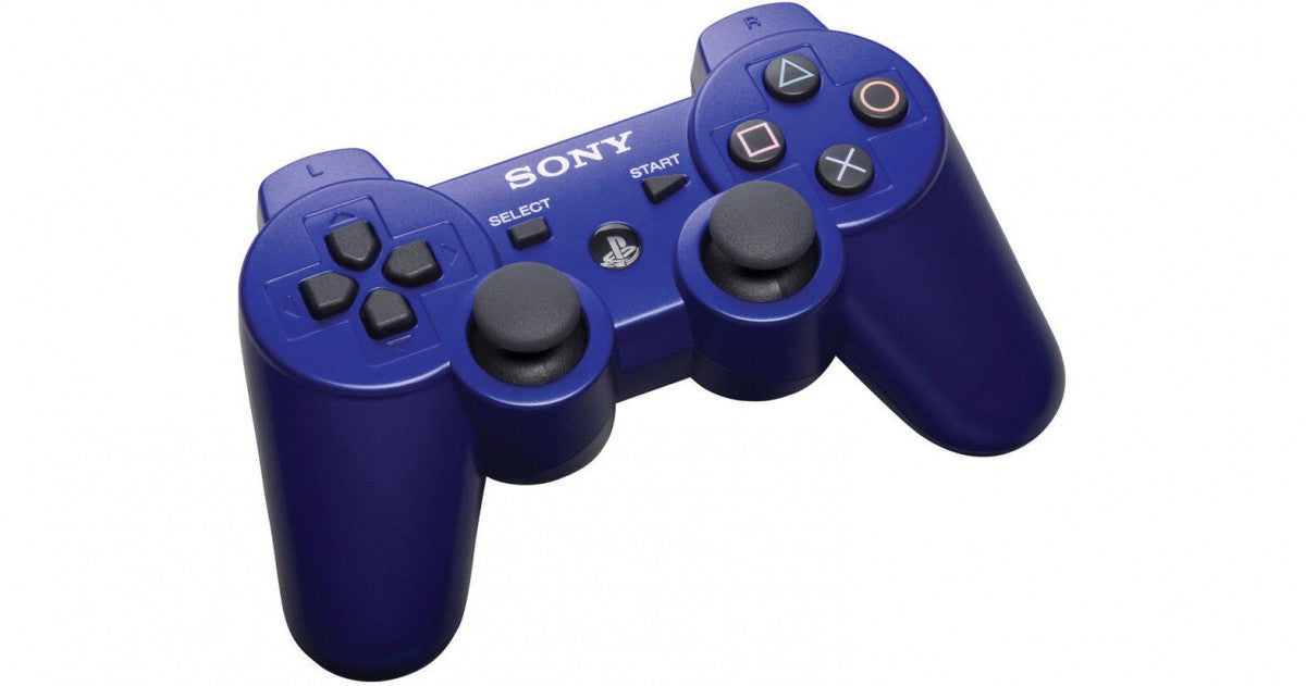 PS3 wireless controller in blue featuring dual analog sticks and classic PlayStation button layout