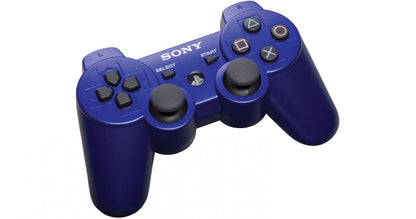 PS3 wireless controller in blue featuring dual analog sticks and classic PlayStation button layout