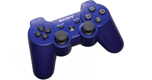 PS3 wireless controller in blue featuring dual analog sticks and classic PlayStation button layout