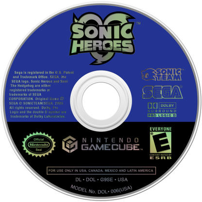 Sonic Heroes GameCube game featuring fast-paced team-based platforming, colorful 3D levels, and classic Sonic the Hedgehog action adventure disc