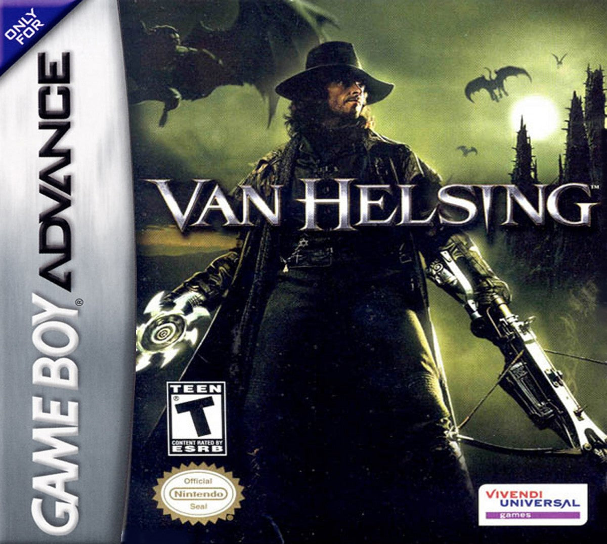 Van Helsing for Game Boy Advance (GBA), cover image for a retro video game featuring action-adventure gameplay, monster hunting combat, side-scrolling levels, supernatural enemies, and movie-inspired gothic fantasy battles