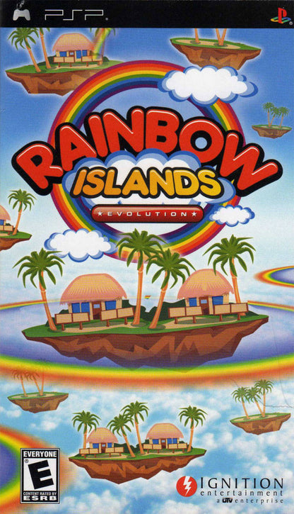 Rainbow Islands Evolution PSP inspired design featuring colorful fantasy platform adventure aesthetic classic arcade inspired gameplay magical rainbow powers whimsical worlds charming characters vibrant retro action handheld gaming presentation front coverr