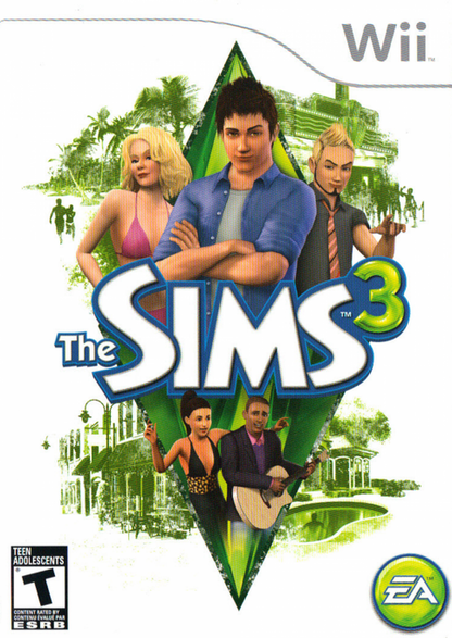 The Sims 3 Wii inspired design featuring life simulation gameplay aesthetic virtual household management character customization open neighborhood exploration creative storytelling family friendly social interactions casual gaming presentation cover art
